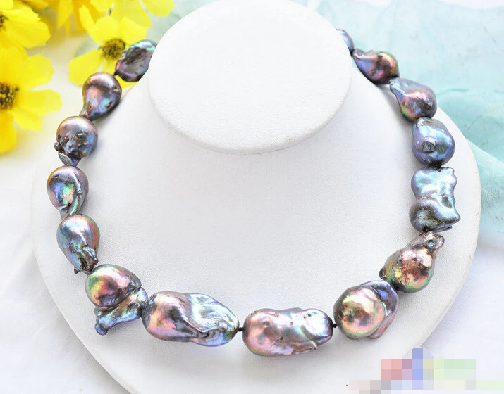 

FREE SHIPPING>>>@@ > QW424 Huge Lustre A+18"34mm peacock black baroque KESHI REBORN PEARL NECKLACE^^@^Noble style Natural Fine j