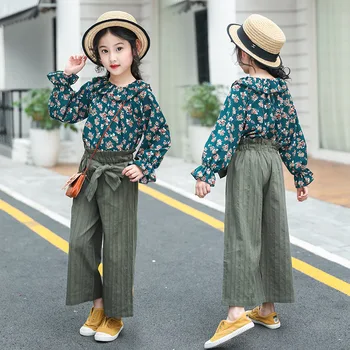 

Autumn and Summer Girls Flowers Princess Wide Leg Pants Nine-point Pants Large Girls Shirt and Pants Set