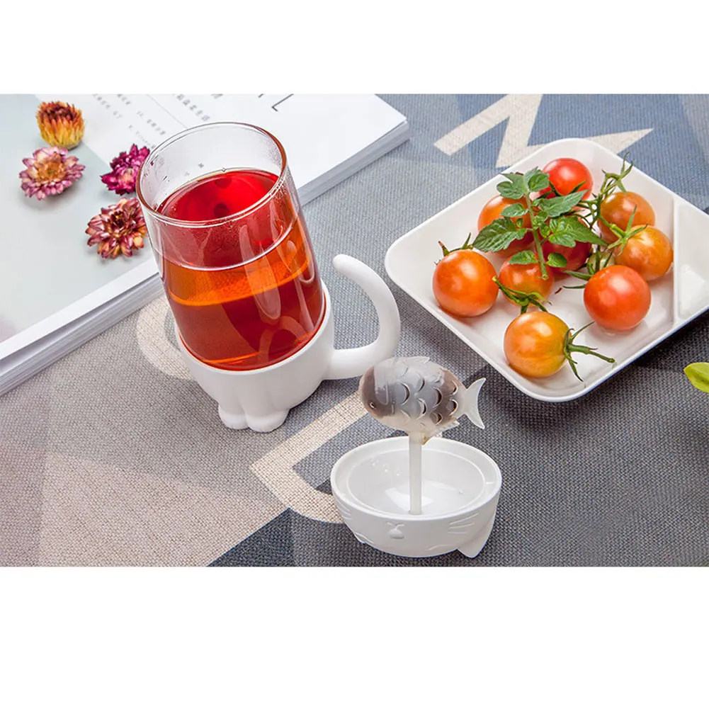 Stylish Hot Sale Lovely Glass Cup Tea Cat with Fish Filter Strainer Glass Cup Tea Infuser Filter Mug Home Office Container Gift