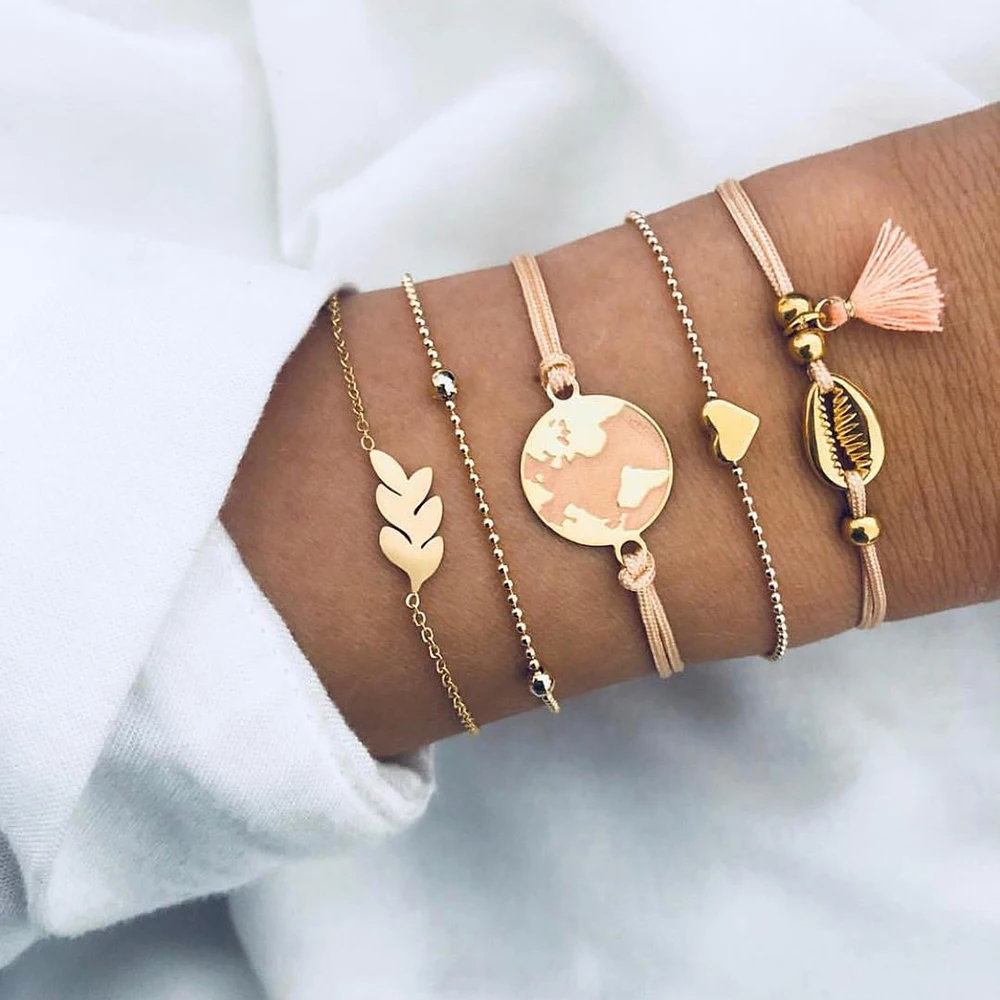 5 Pcs/set Boho Hellow Earth Heart Shell Leaves Gold Bracelet Set For Women Strand Tassels Bracelets Bangles Girls Jewelry Gift | Украшения