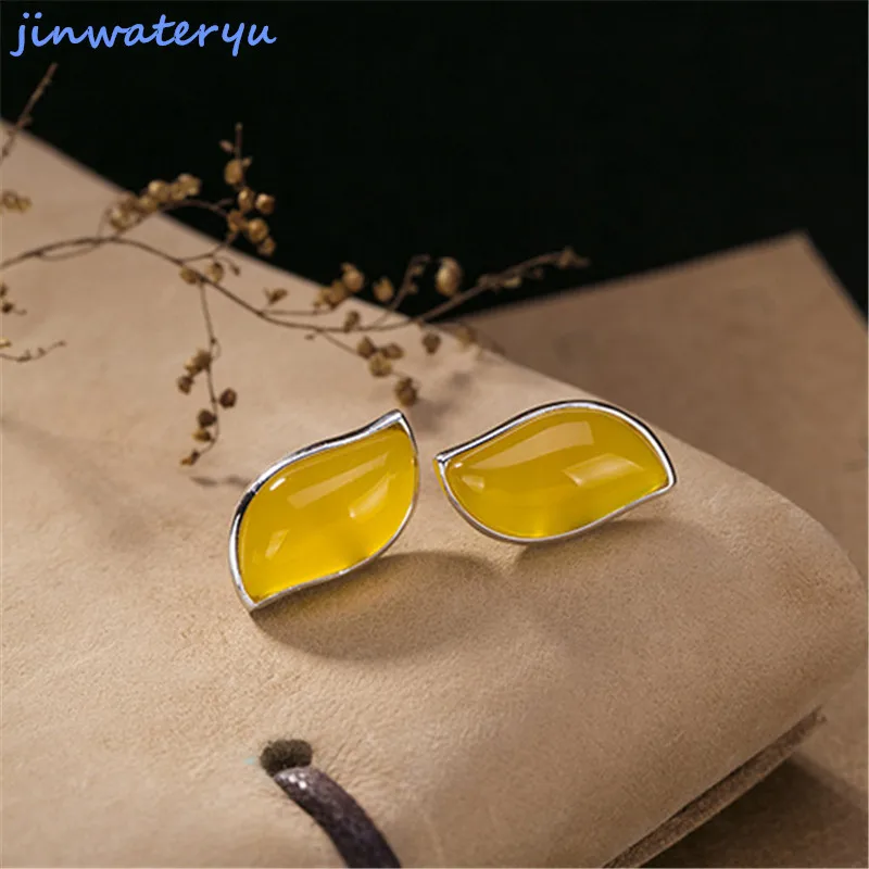Jinwateryu, модные ювелирные изделия, Стерлинговое серебро 925, серьги-гвоздики для женщин и девушек, Зеленый Хризопраз, синие, белые, красные, желтые серьги - Окраска металла: yellow