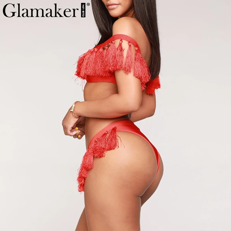 Glamaker Tassel off shoulder two-pieces suit boydsuit Women thong push up beach bodysuit romper Female sexy summer red overalls