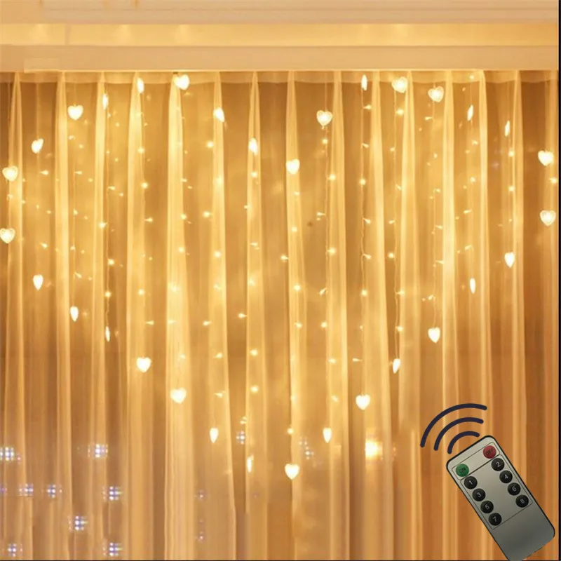 

Remote2X1.5M Heart Shape Curtain LED String Fairy Light 124LED 34Drop Love String Home Hotel Marriage Proposal Valentine Garland