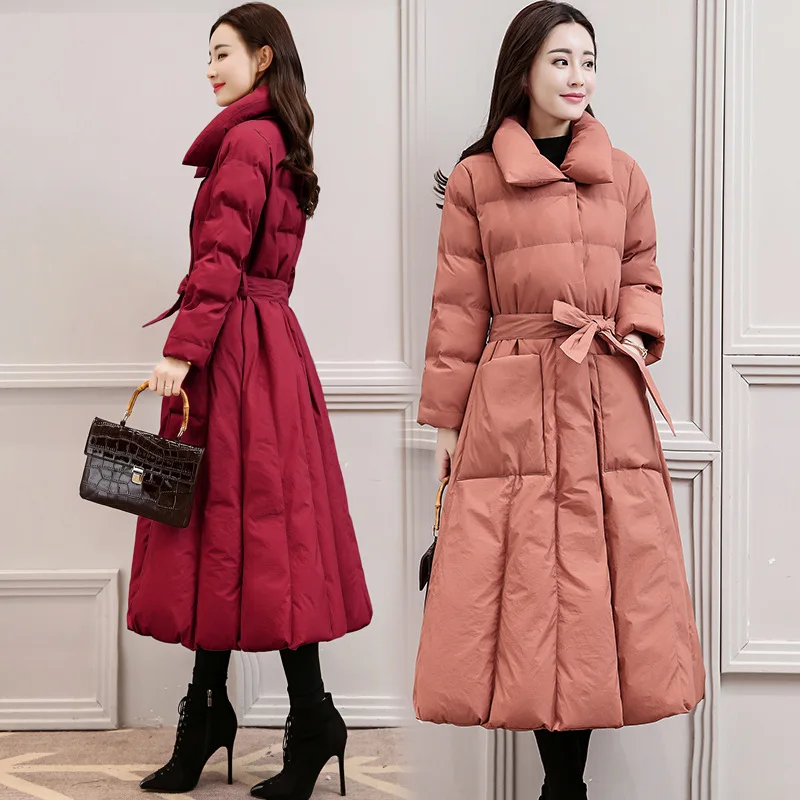 

Down Women Long Winter Parkas New Fashion Slim Over The Knee Thick A-Line Solid Color Padded Warm Femme Winter Coat MZ3163