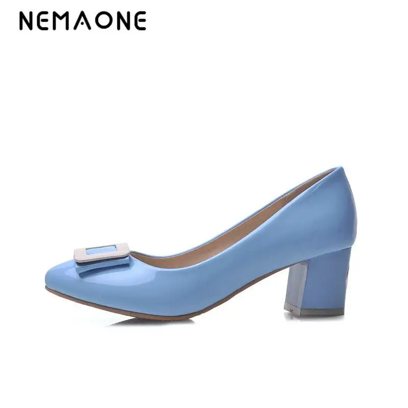 

NEMAONE 2017 fashion Women Pumps Summer Round Toe Metal Decoration Shoes Square High Heel Women Wedding Shoes Big Size 34-43