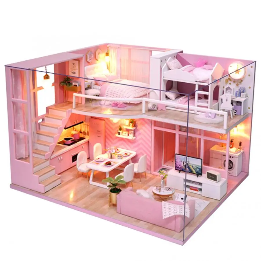 

DIY Dool House Handmade Miniature Pink Girl Wooden Doll House Model Kits Toy for Daughter's Wonderful Gift