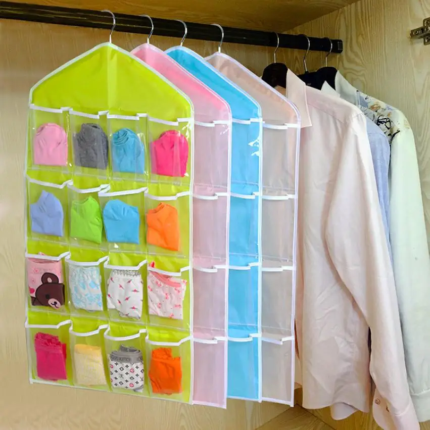 

CCTM 16Pockets Clear Hanging Bag Socks Bra Underwear Rack Hanger Storage Organizer