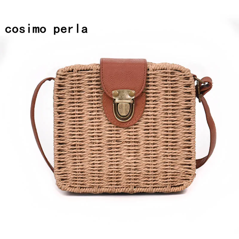 

Knitting Straw Beach Bags Bali Rattan Summer Square Handbag for Women 2019 Bohemia INS Retro Small Leather Strap Shoulder Bag