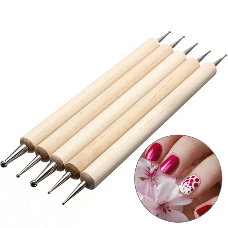 

5PCS 2 Way Wooden Dotting Pen Marbleizing Tool Nail Art Dot Dotting Tools for Nail Art Design Manicure Rhinestone Picker
