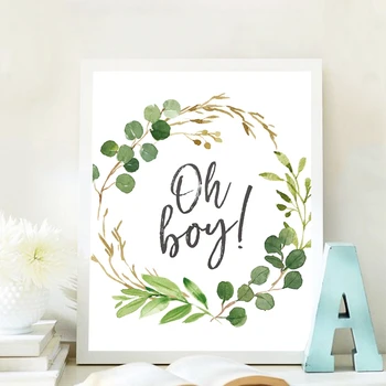 

Oh Boy Baby Shower Sign Decor Funny Canvas Painting , Watercolor Greenery Eucalyptus Baby Shower Poster Prints Wall Pictures