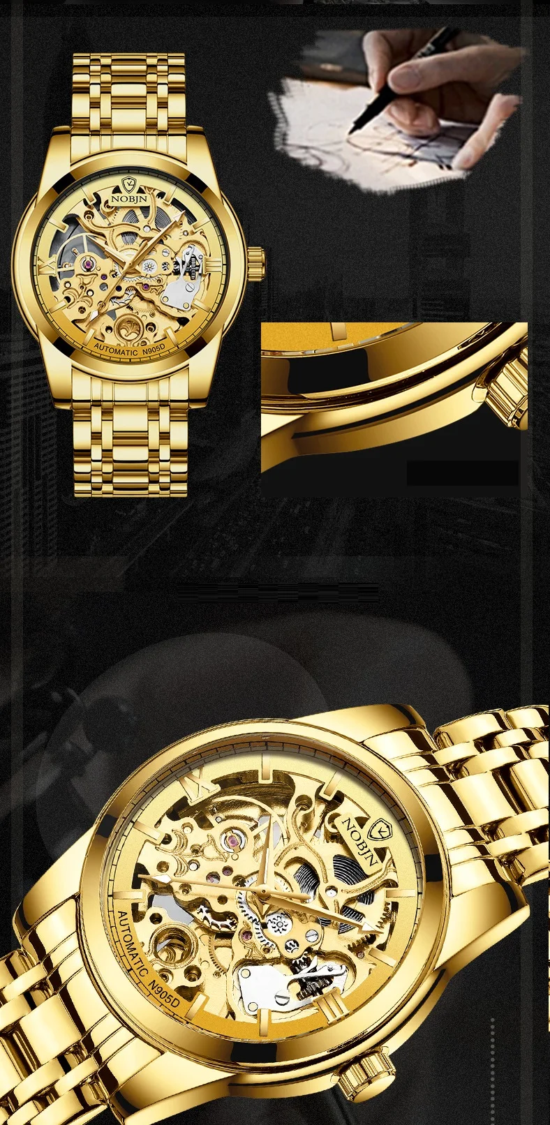 Watches Mens 2019 NOBJN N905D Mechanical Watch Hollow Skeleton Watch Waterproof Luminous Hands Automatic Watch Men Gold Hour (4)