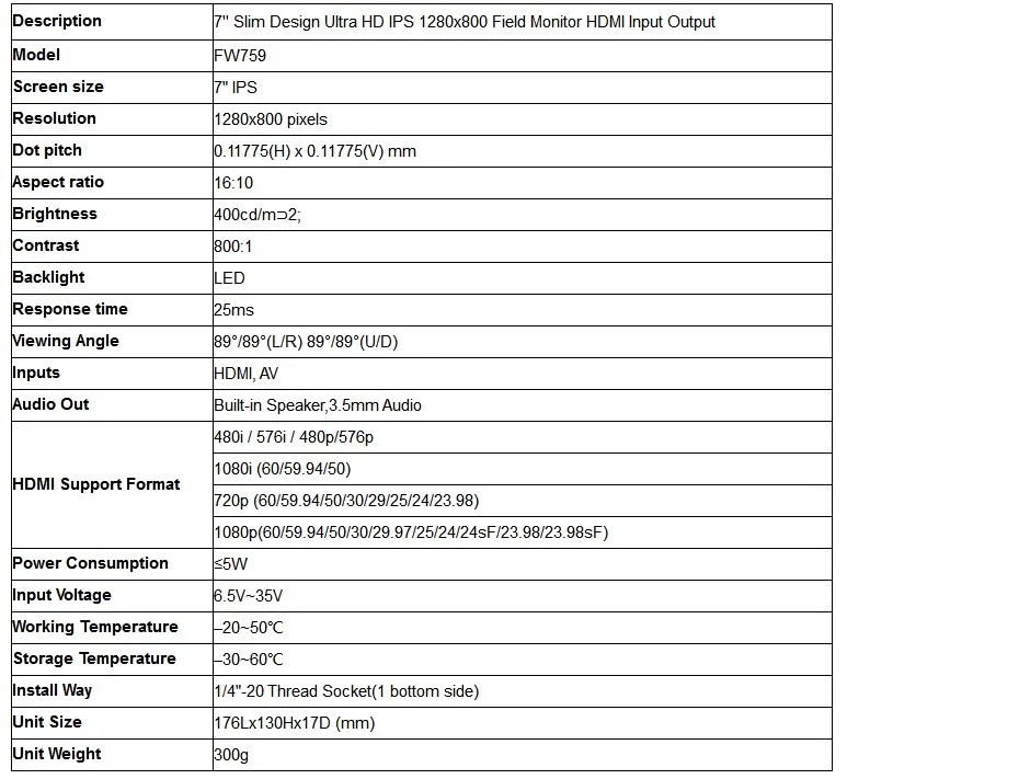 Feelworld FW759 7 дюймов ультра тонкий hdmi поле монитор IPS 1280x800 AV вход "DSLR ЖК дисплей Мониторы для BMPCC Canon sony Nikon