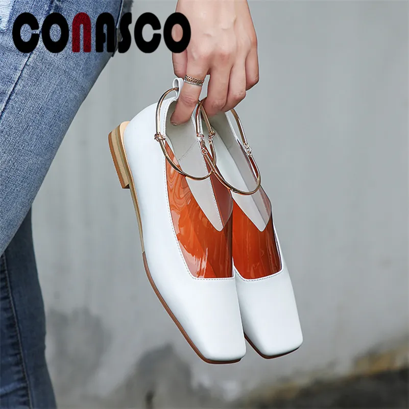 

CONASCO 2019 Summer New Fashion Design Square Toe Low Heels Women Pumps Shallow Genuine Leather Rome Office Single Shoes Woman