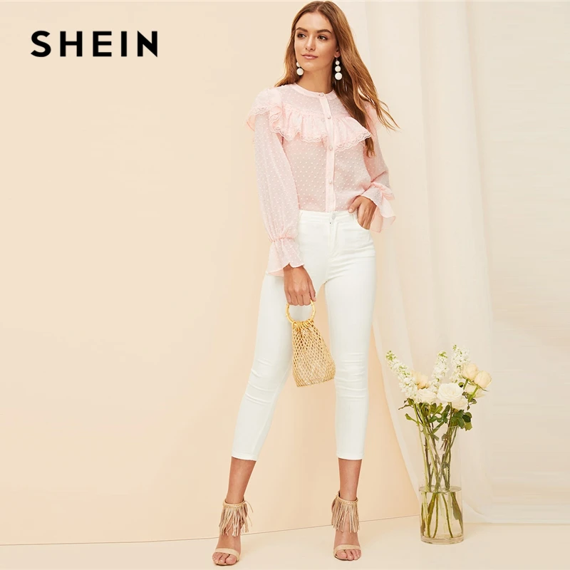 SHEIN Романтический пастельный розовый топ в горошек с оборками, жаккардовый Топ, блузка на пуговицах, женские весенние блузки с рукавами-воланами, милые элегантные блузки