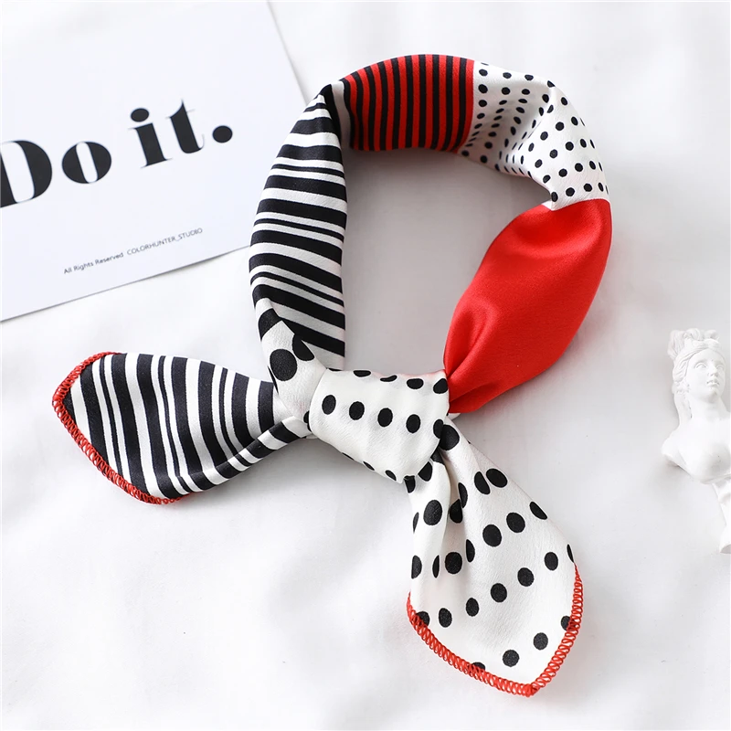 

New Silk Scarf Square Women Fashion Dot Striped Print Neckerchief Ladies Work Scarves Small Winter Foulard Bandana Hair Tie Band