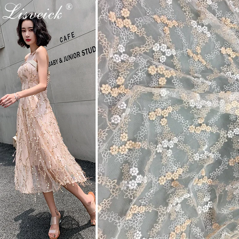 

1yard Small Flowers Gold Silk Thread Embroidery Lace Trimming African Lace Fabric for wedding Nigerian Party dress Fashion DIY