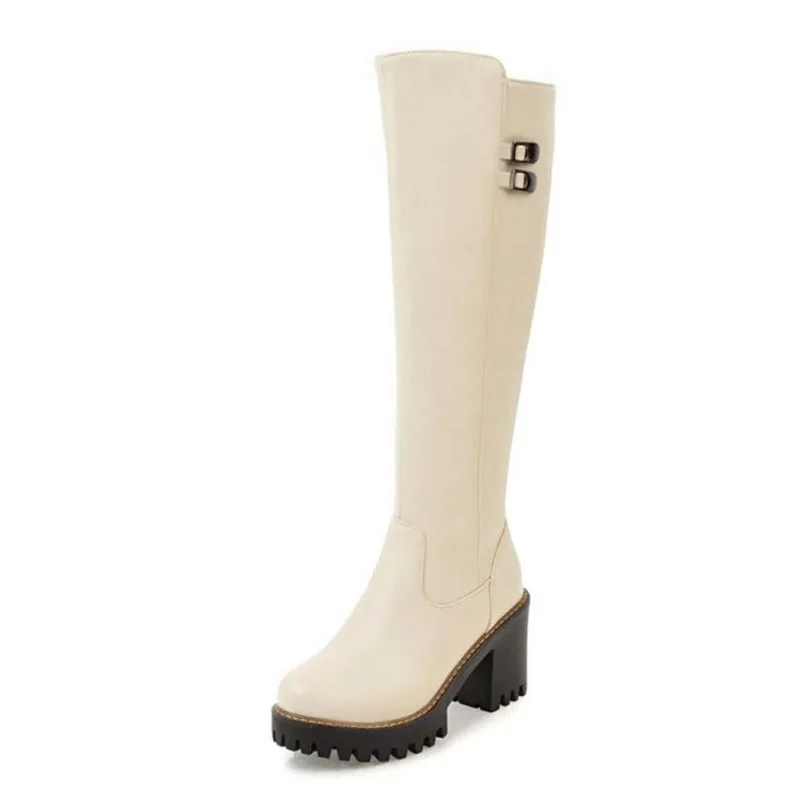 Taoffen/4 цвета; женская зимняя обувь; сапоги на высоком каблуке; сапоги до колена на платформе с металлической пряжкой; модная женская обувь; размеры 34-43 - Цвет: Бежевый