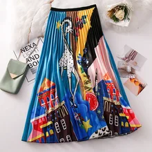 Летние женские миди юбки, корейская мода, женская плиссированная юбка трапециевидной формы с мультяшным принтом и высокой талией для женщин