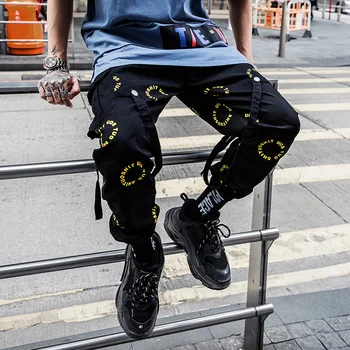 

Original fashion street hip hop men's casual long overalls loose banded pocket straight youth sweatpants