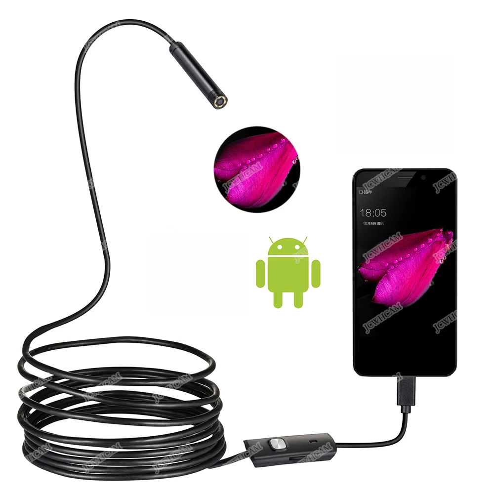 JCWHCAM 7mm 1M 5M 2M Android USB Endoscope Camera Snake USB Pipe Inspection Waterproof Andorid Mobile OTG USB Borescope Camera