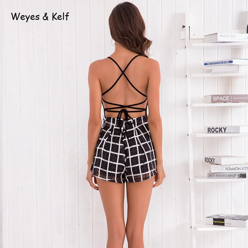Weyes & Kelf Sexy V Neck Boho Jumpsuit Romper Backless Tie Up Short Jumpsuit Women Pleated Loose Short Casual Summer Playsuit Jumpsuits and Playsuits