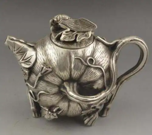 Китай фэн шуй тибетский серебряный резной тыквы Cicada Flagon чайник со статуэткой