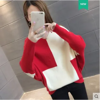 

Color Panel V-neck Bottoming Shirt the Bat's-Wing-Sleeved Sweater 2018 Autumn New Style Loose Korean-Style Pullover Sweater Fema