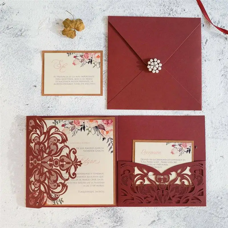  10 Pieces Tri-Fold Laser Cutout Openwork Flower Wedding Invitation Card Set Postcard High-end Busin - 32954846240