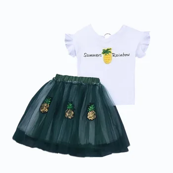 

Summer Girls Pineapple Clothes Sets Skirt Kids Baby Flying Sleeve Print T-Shirt Child Sequin Tutu Two-Piece Children'S Set