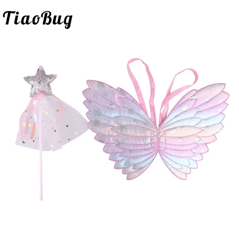 

TiaoBug Kids Girls Sparkling Butterfly Wings Fairy Wand Child Stage Performance Princess Fairy Cosplay Party Halloween Costume