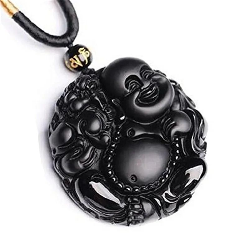 

5pcs/lot Obsidian Stone Lucky Happy Maitreya Buddha Talisman Pendant Women Men's Amulet Lucky Jades Jewelry Pendants+Free Rope