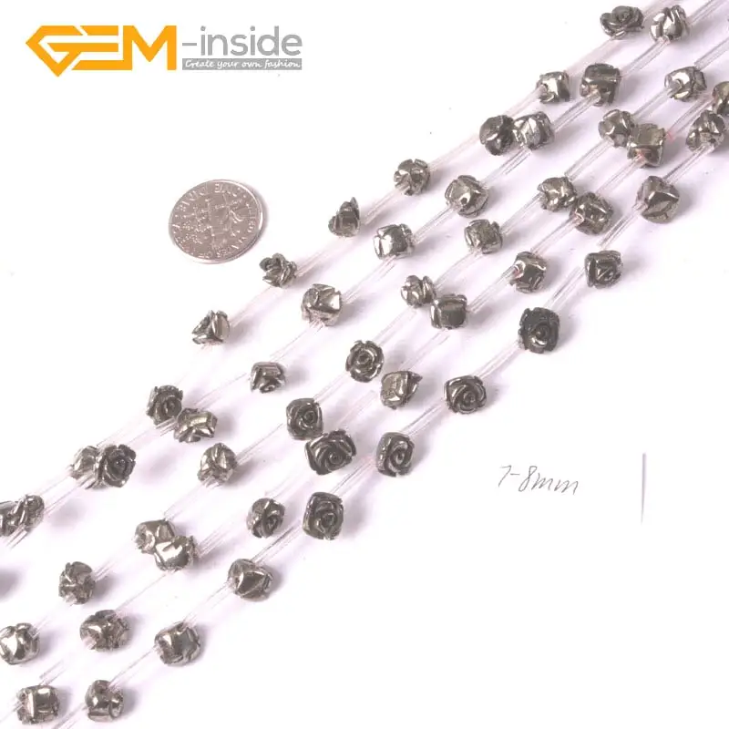 

7-8mm, 16mm Natural Gray Pyrite Gem stone Carved Flower Beads For Jewelry Making Strand 15 Inches Bulk Gem-inside DIY