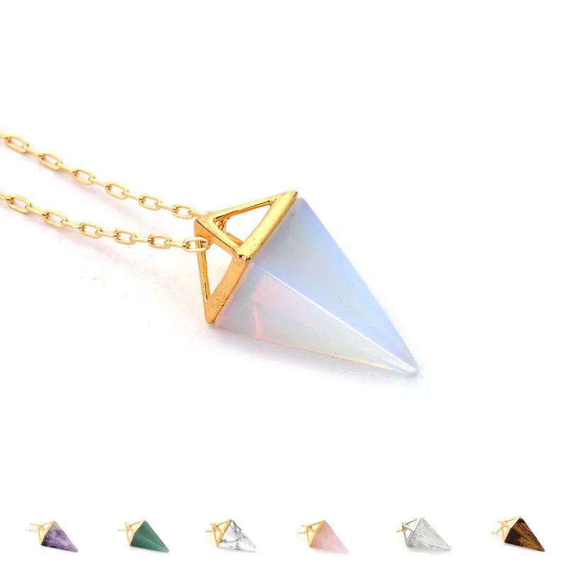 Drop Shipping Quartz Stone Pyramid Necklace Opal Pyramid Necklace Natural Stone Triangle Healing Crystal Necklace