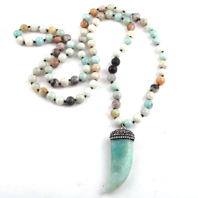 Модное богемное этническое ювелирное изделие, камни амазонита, длинное Узловое каменное ожерелье с подвеской, женское этническое ожерелье