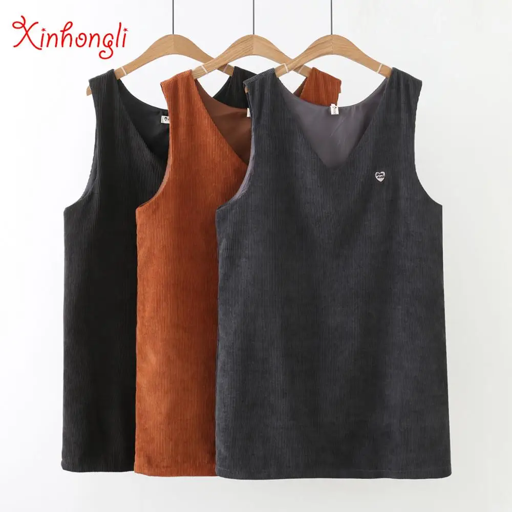 

Plus size corduroy loose pullover women vest dress 2019 spring autumn casual ladies Embroidery V-neck long vest coat female
