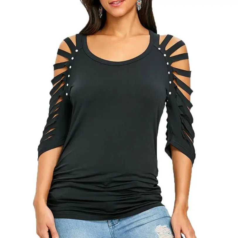 

2019 summer Plus Size 5XL Hollow Cut Out Ripped T-shirt Women Clothing Big Sexy O Neck Lace Up T Shirt Top Tee large size