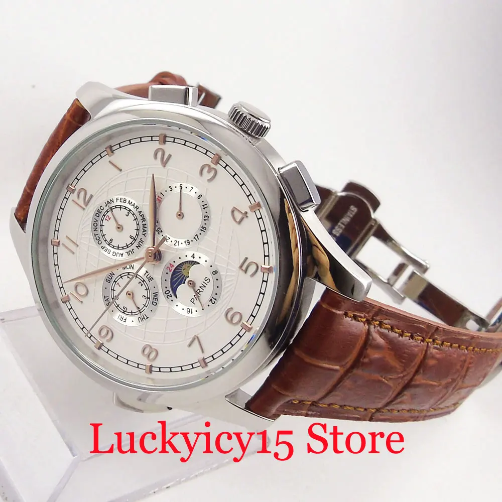 

PARNIS 44mm Multifunction Dial Automatic Self Winding Polished Case With Brown Strap Deployment Clasp
