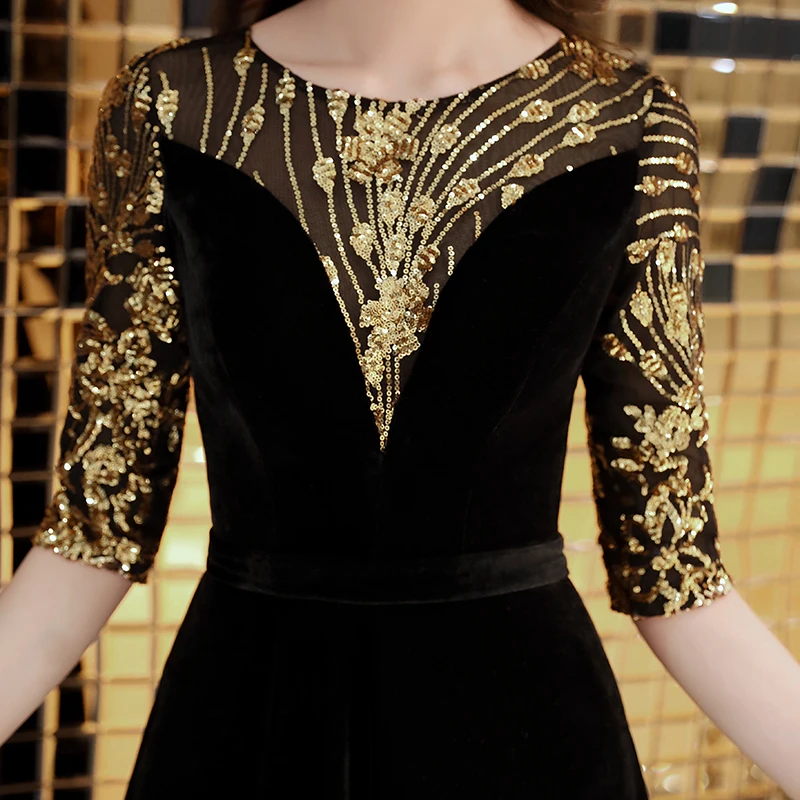 Robe de soiree черные велюровые вечерние платья с круглым вырезом Элегантные Бархатные