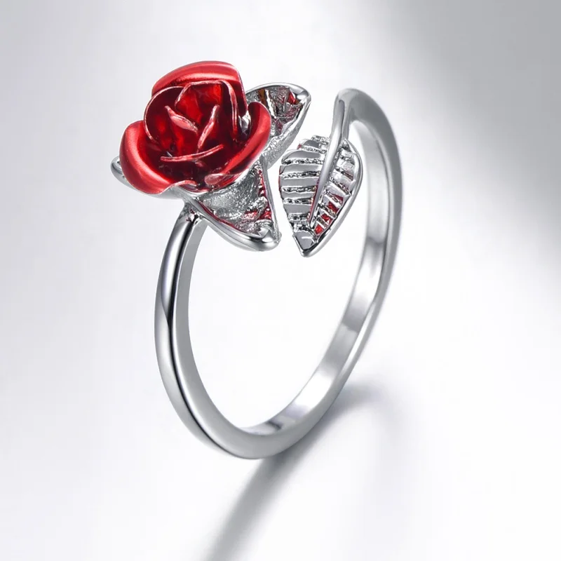 Party Favors Red Rose Garden Flower Leaves Resizable Finger Rings Women Valentine's Day Lover Wedding Decor Gift Jewelry Party