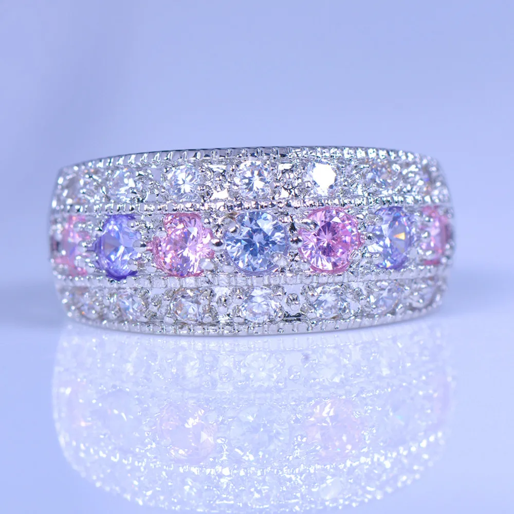 Женское розовое фиолетовое кольцо из циркона, 925 серебро, заполненное обещание, обручальные кольца для женщин, модные ювелирные изделия с кристаллами