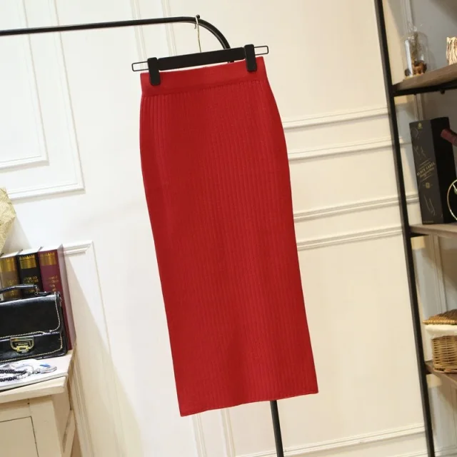 Женская зимняя длинная шерстяная юбка с эластичной талией, юбка-карандаш, женская офисная юбка, винтажная женская осенняя юбка - Цвет: Красный