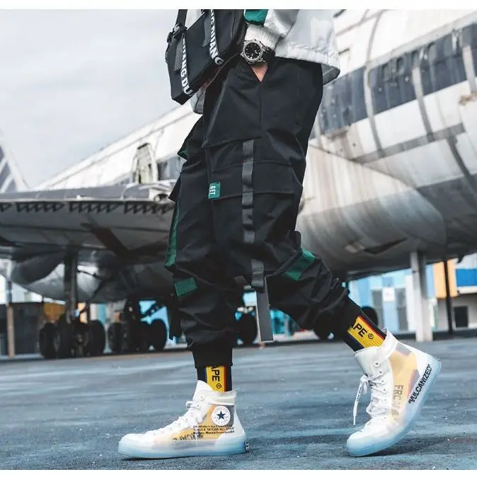 Cargo Pants Streetwear Hip hop Men Loose Joggers Sweatpants Plus size Track Pants Pocket Elastic Waist Ankle Length Trousers - Цвет: Черный