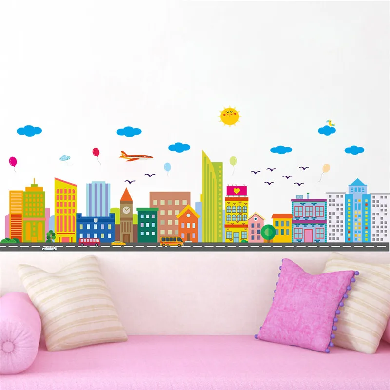 

% Colorful City for Living Room Bedroom Wall Stickers For Kids Rooms aircraft balloon Wall decals Children Nursery Room Decor
