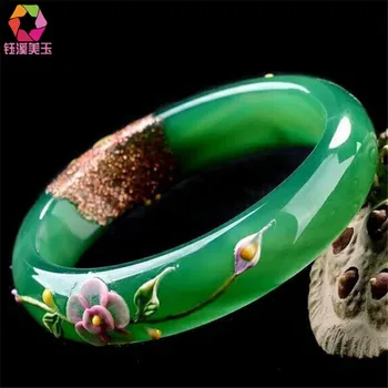 

Natural Green Bracelets Colored Drawing Peacock and Flower Bracelets Bangles Gift For Women Jades Jewelry