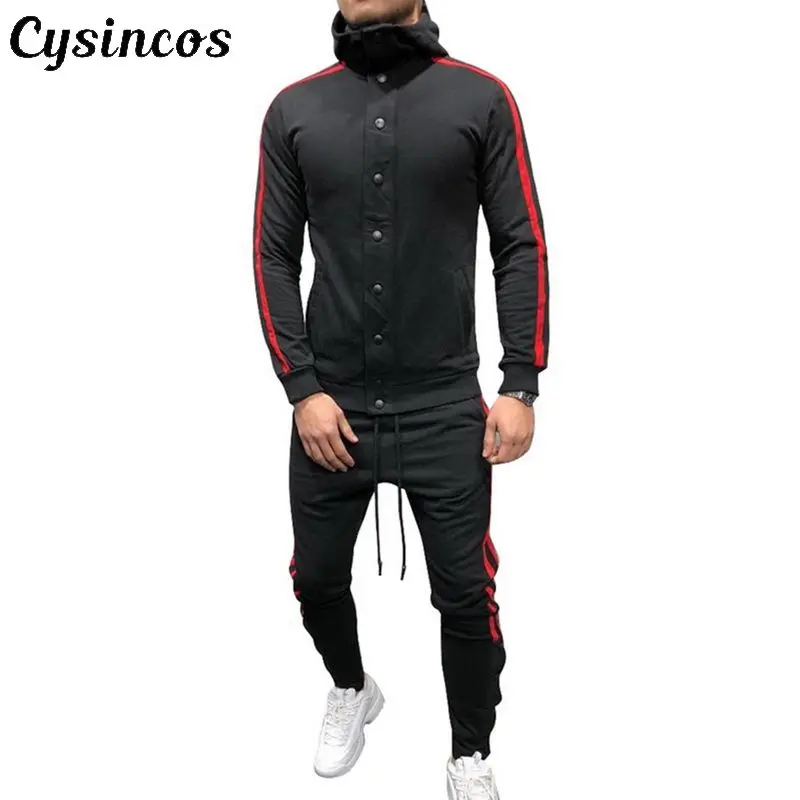 

CYSINCOS Spring Men Sport Suit Slim Fit Stripe Long Sleeve Button Sportwear Set Sweat Gym Jogging Tracksuit Running Set Z40