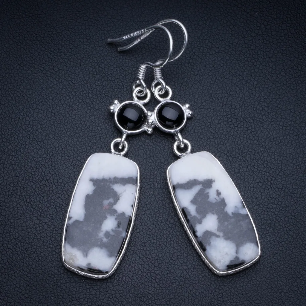 

Natural Pinolith Jasper and Black Onyx Boho 925 Sterling Silver Drop Earrings 2" R2072