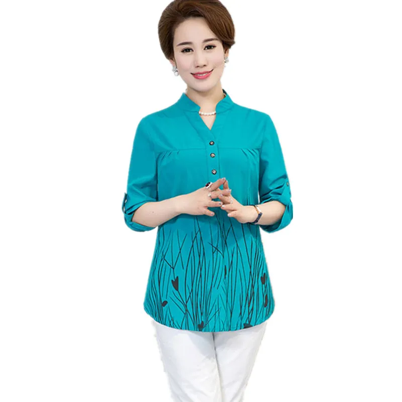 

Middle-aged Mother Blouse The Elderly Women's Spring Summer Three Quarter Sleeve Rose Lakeblue Large Size XL-5XL
