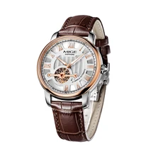 2017 Mige New Hot Sale Skeleton Mechanical Clock Watch Rose White Black Brown Leather Strap Automatic Waterproof Man Wristwatch
