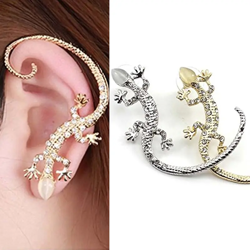 2017 Fashion Fashion Rhinestone earrings ear Cuff, Luxury elegant rose gold exaggerated gecko lizard stud earrings  New Hot