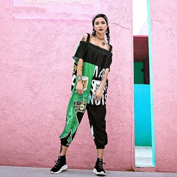

2018 New Off The Shoulder Strap Women Jumpsuits Rompers Graffiti Printed Hip Hop Dance Pants Trousers Loose Cartoon Rompers